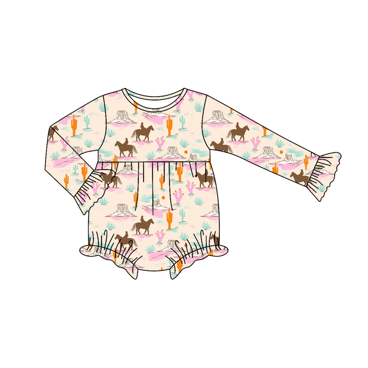 Preorder moq 5 Baby Infant Girls Long Sleeves Horse Rodeos Cactus Ruffle Romper