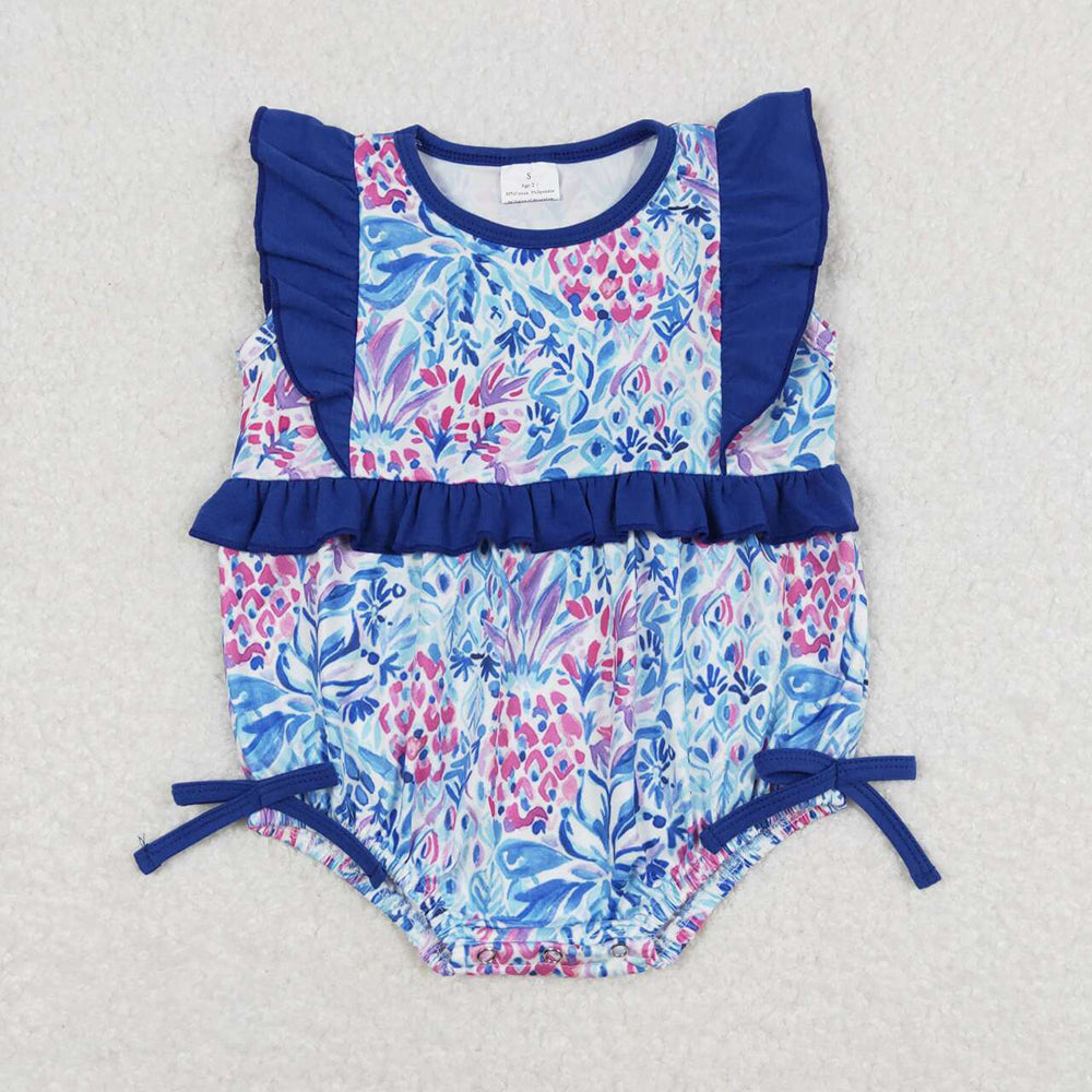 Baby Infant Girls Ruffle Blue Flowers Rompers