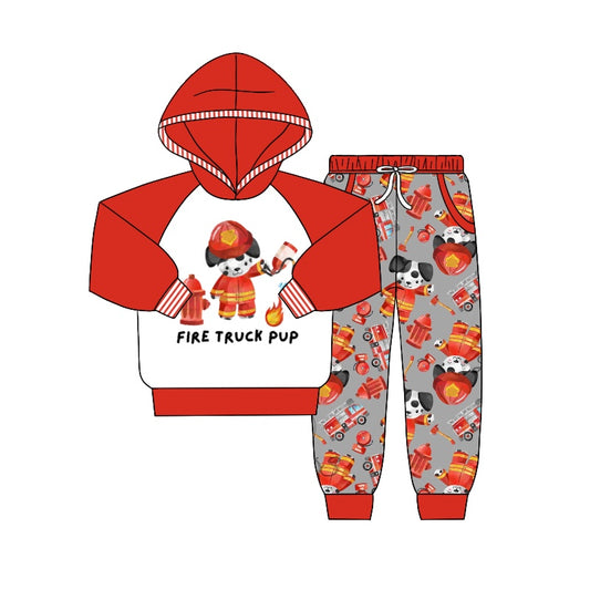 Baby Boys Hooded Fire Truck Dog Top Pants Outfits Clothes Sets preorder(moq 5)