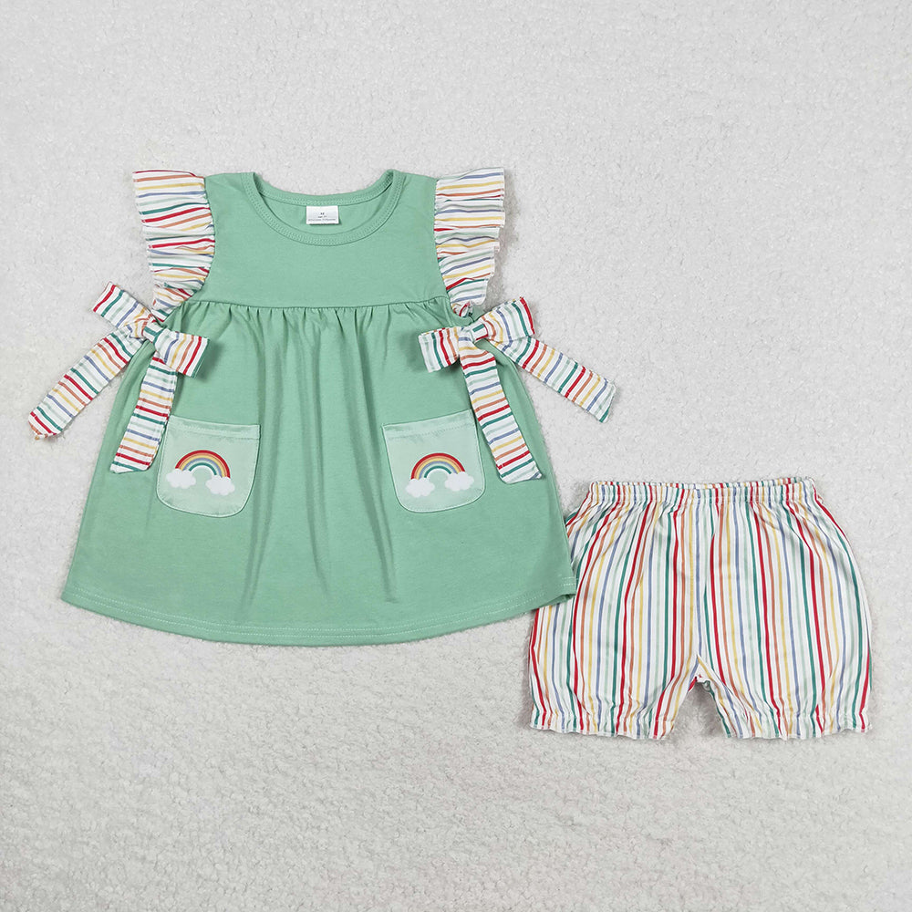 Baby Girls Gree Flutter Sleeve Rainbow Tunic Bow Top Stripes Shorts Clothes Sets