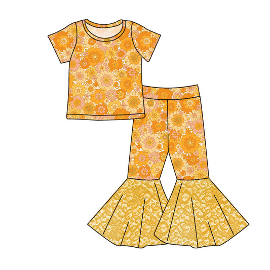 Baby Girls Orange Floral Top Lace Print Bell Pants Clothing Sets preorder(moq 5)