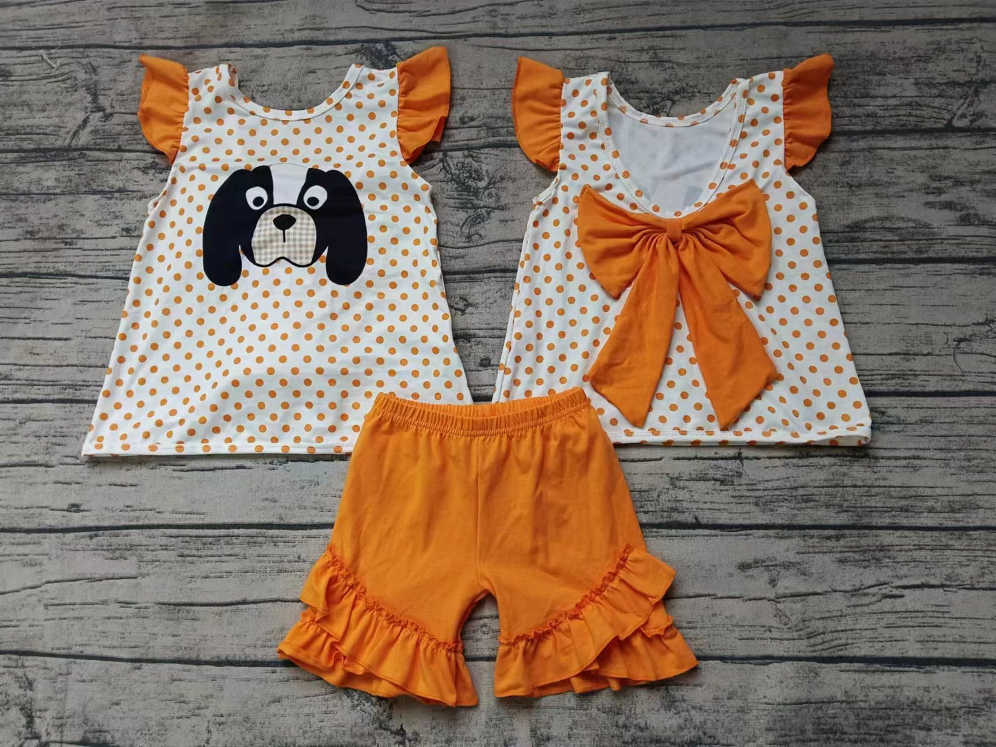 Baby Girls Dog Bow Team Top Ruffle Shorts Clothes Sets Preorder(moq 5)