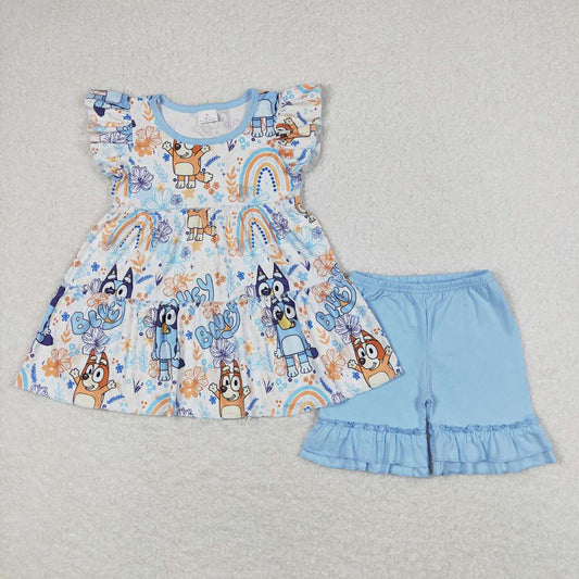 Baby Girls Dogs Rainbow Flowers Tunic Top Ruffle Shorts Clothes Sets