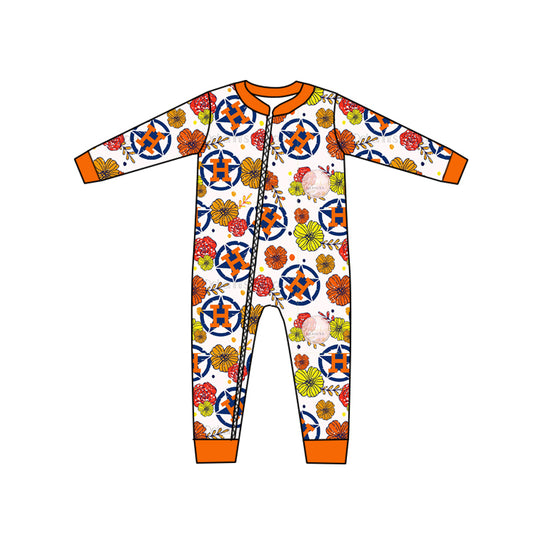 Baby Girls Flowers Team Orange H Zip Long Sleeve Rompers preorder(moq 5)