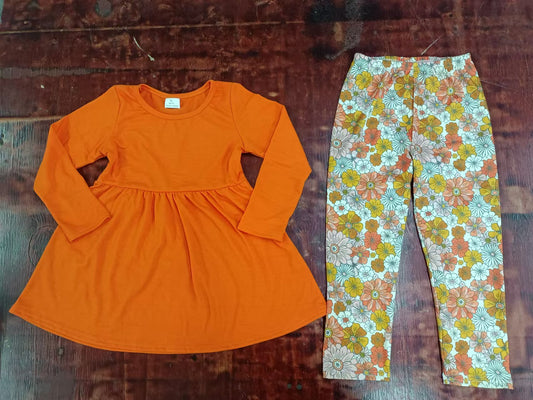 Baby Girls Orange Tunic Top Flowers Pants Clothes Sets preorder(moq 5)