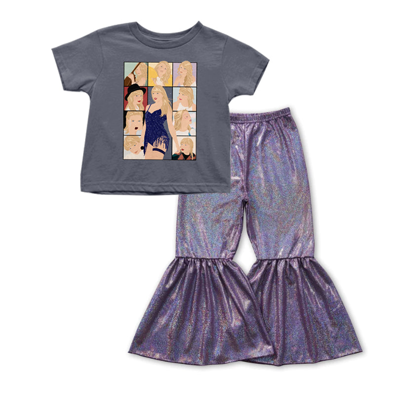 Baby Girls Singer Short Sleeve Shirt Sparkle Bell Pants Clothes Sets preorder(moq 5)