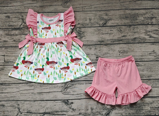 Baby Girls Duck Pink Bows Tunic Tops Ruffle Shorts Clothes Sets