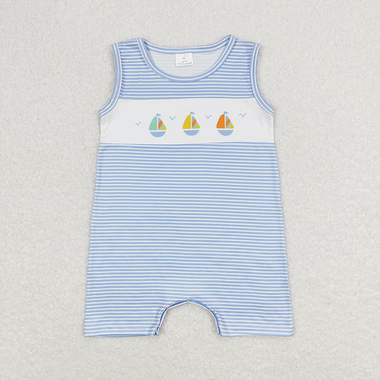 Baby Infant Boys Blue Stripes Sailboat Sleeveless Summer Rompers