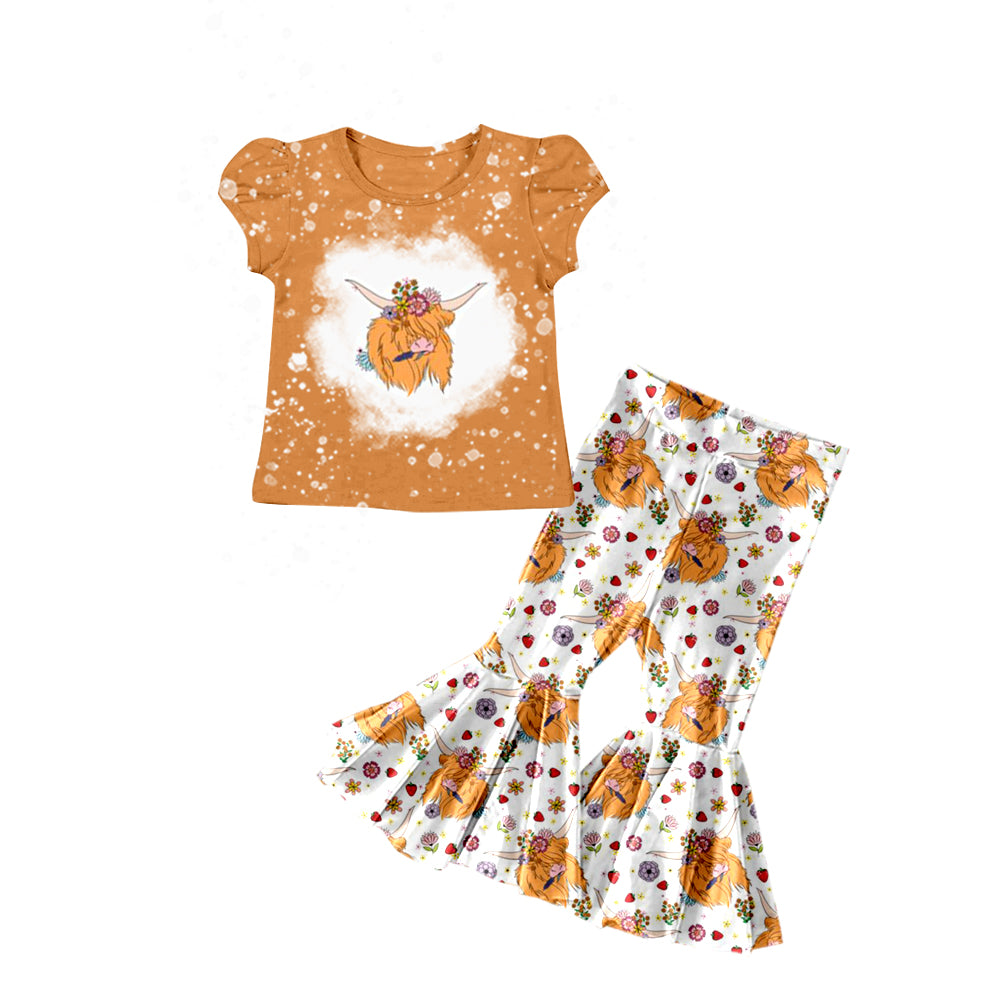 Baby Girls Western Highland Cow Shirt Flare Pants Clothes Sets preorder(moq 5)