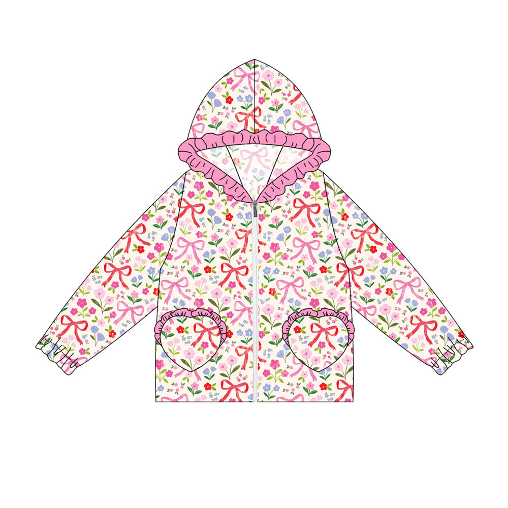 Preorder(moq 5) Baby Girls Long Ruffle Sleeves Pink Flowers Bows Plaid Pockets Zipper Hoodies Top