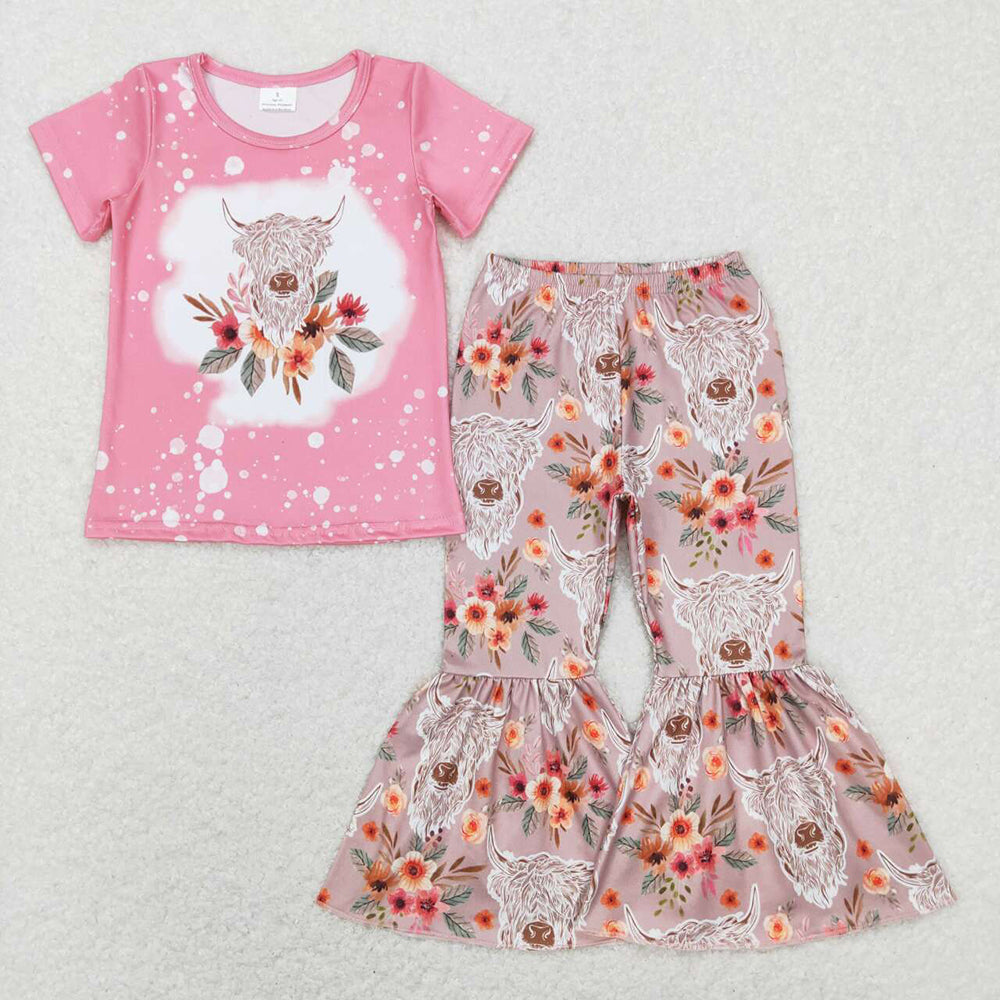 Baby Girls Western Highland Cow Shirt Flowers Bell Pants Clothes Sets