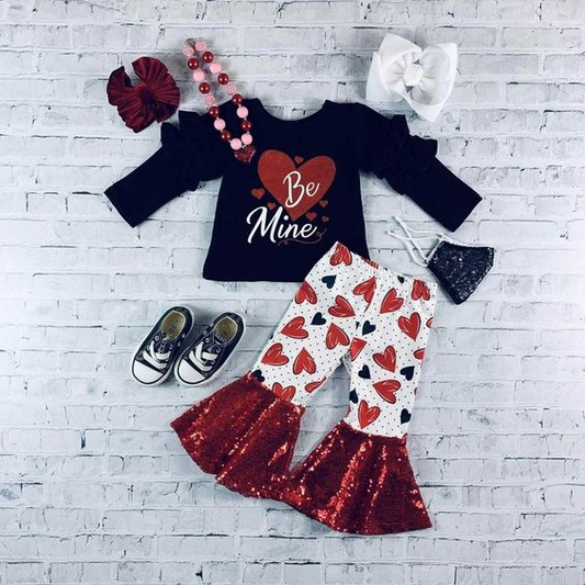Baby Girls Be Mine Tee Shirts Hearts Bell Pants Clothes Sets preorder(moq 5)