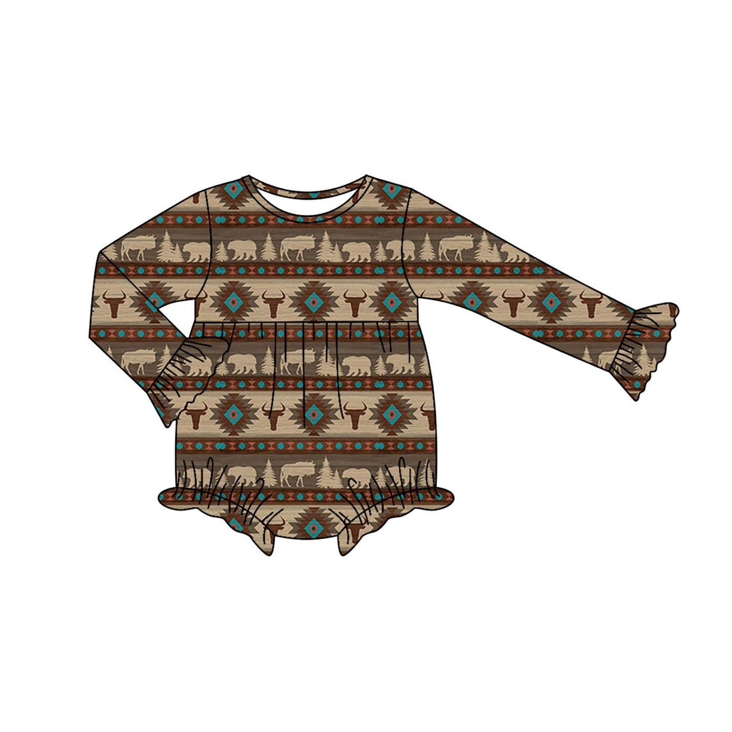 Preorder moq 5 Baby Infant Girls Long Sleeves Bull Skull Aztec Stripes Ruffle Romper