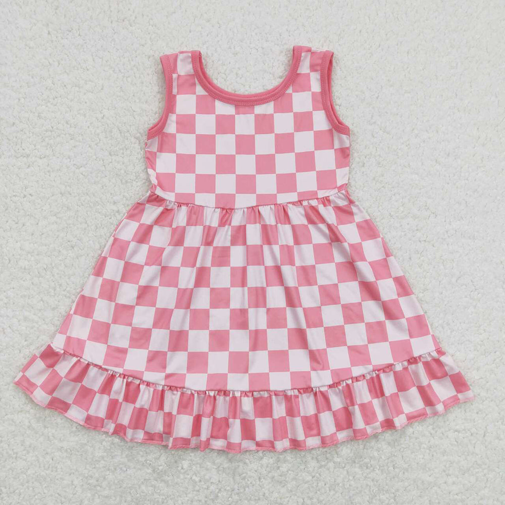 Baby Girls Sleeveless Pink Checkered Ruffle Dresses