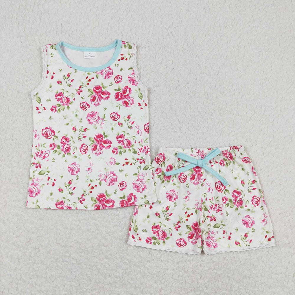 Baby Toddler Girls Sleeveless Flowers Tee Top Shorts Pajamas Clothes Sets