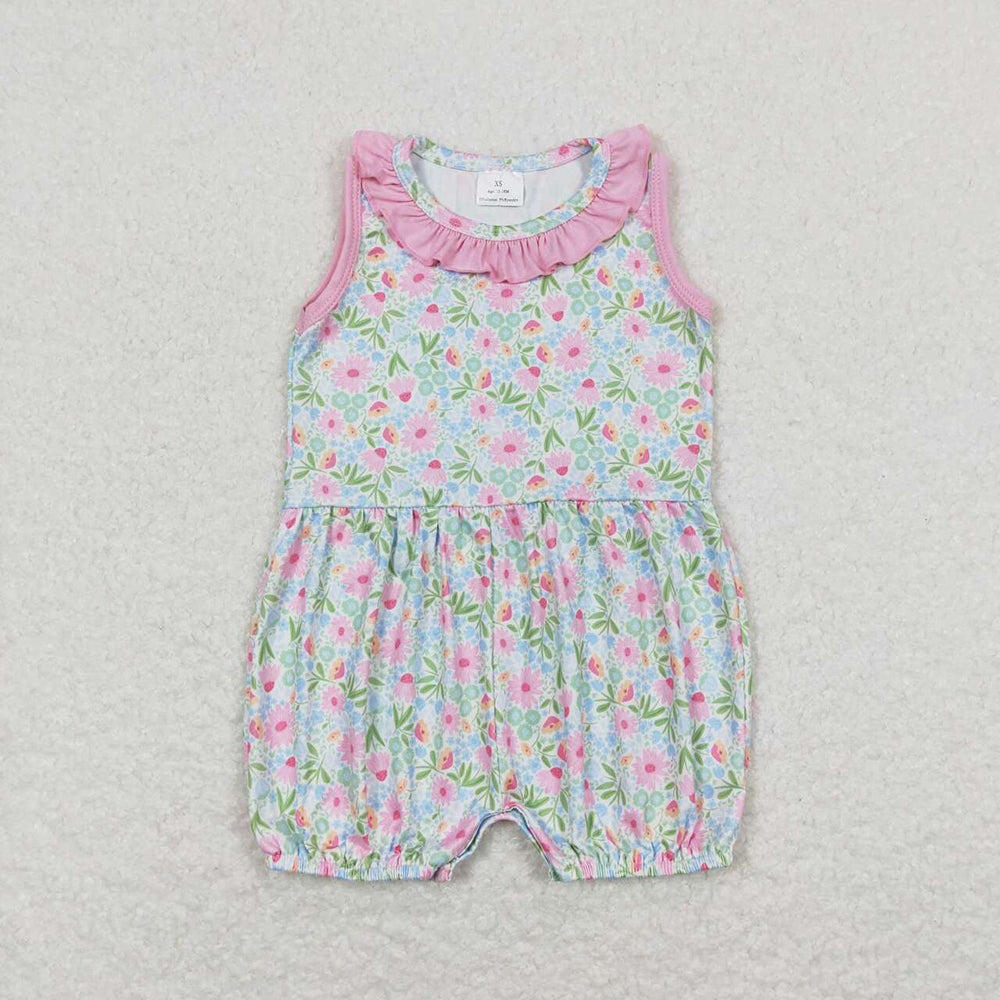 Baby Girls Pink Flowers Ruffle Sleeveless Rompers