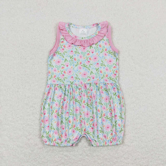 Baby Girls Pink Flowers Ruffle Sleeveless Rompers