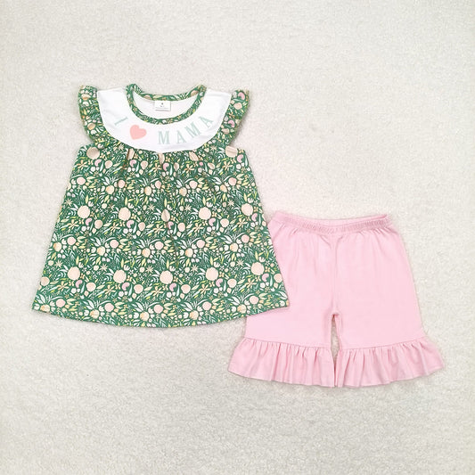 Baby Girls Flowers I Love Mama Tunic Ruffle Shorts Clothes Sets