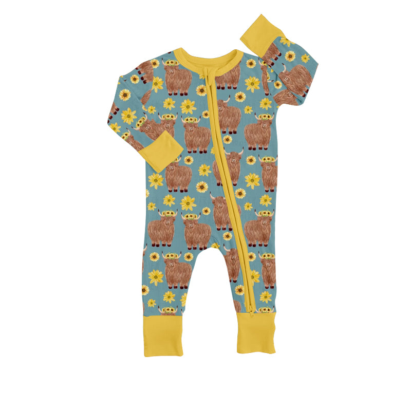 Baby Infant Zip Western Highland Cow Sunflowers Sleepers Rompers preorder(moq 5)