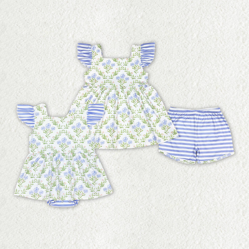 Baby Girls Green Blue Flowers Sibling Rompers Clothes Sets