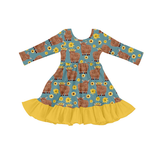 Baby Girls Highland Cow Sunflower Knee Length Dresses preorder(moq 5)