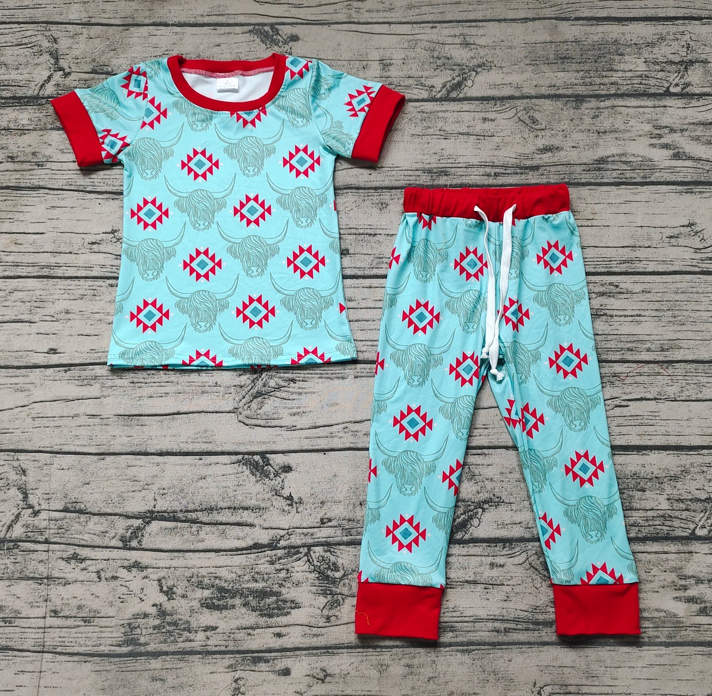 Baby Toddler Boys Western Cow Blue Aztec Tee Shirts Tops Pants Pajamas Clothes Sets