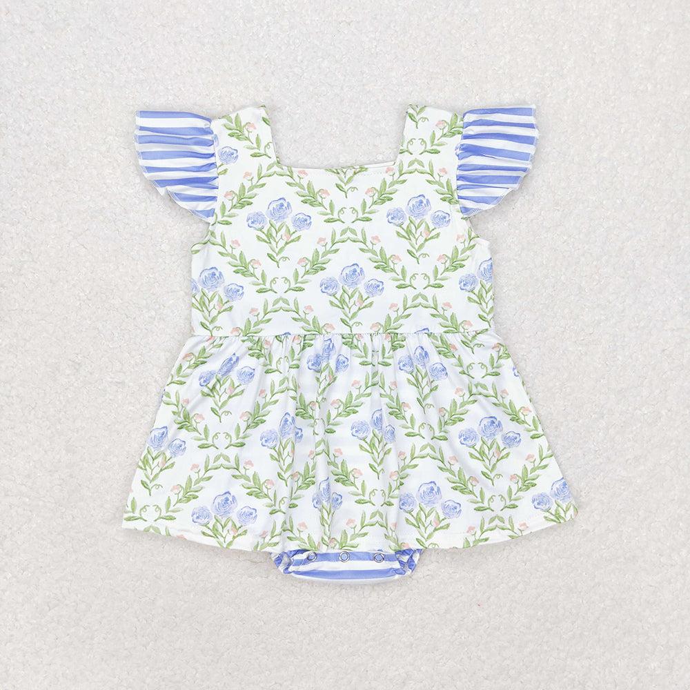 Baby Girls Green Blue Flowers Sibling Rompers Clothes Sets