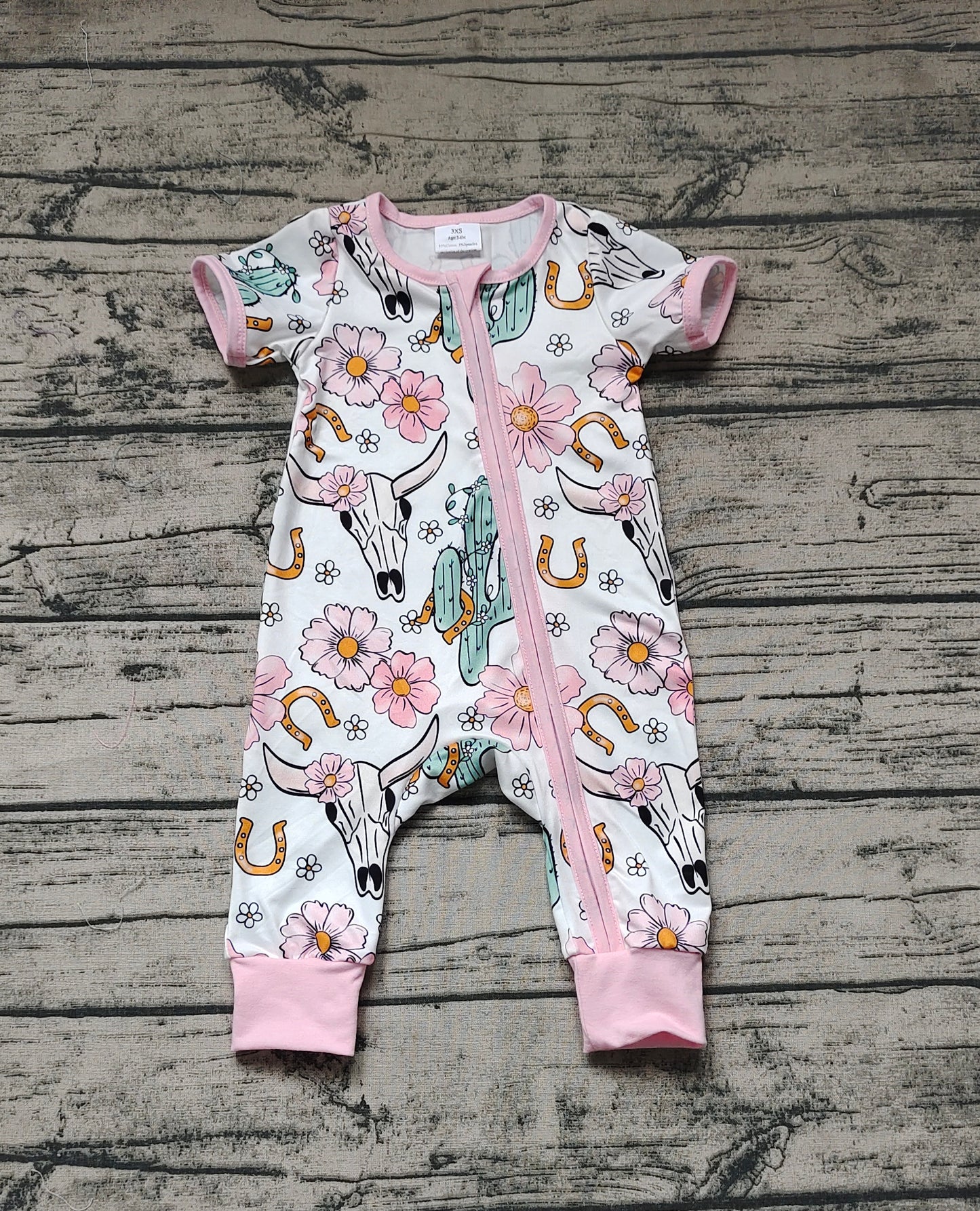 Baby Infant Girls Cow Western Cactus Flowers Zip Rompers