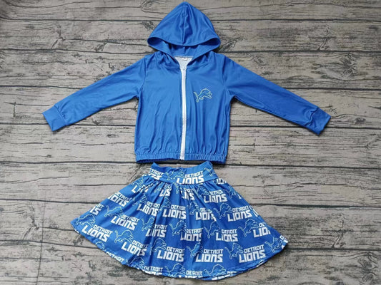 Baby Girls Lion Blue Team Hooded Top Skirts Clothes Sets preorder(moq 5)