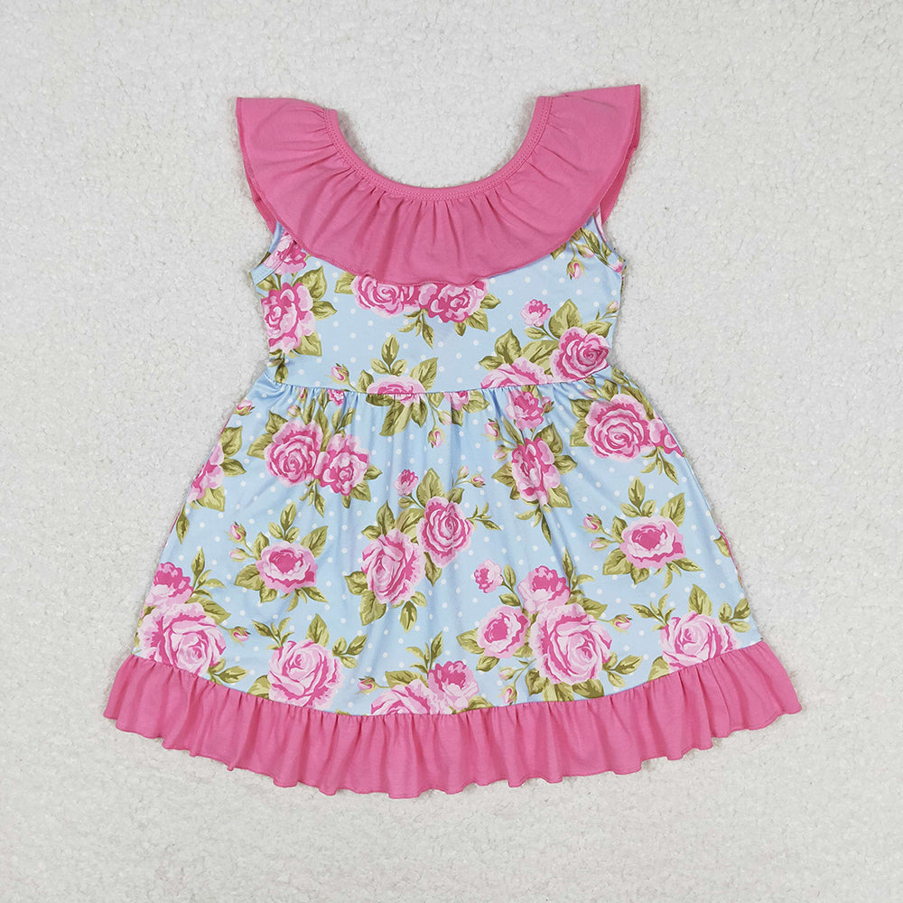 Baby Girls Blue Dots Pink Flowers Bow Knee Length Dresses