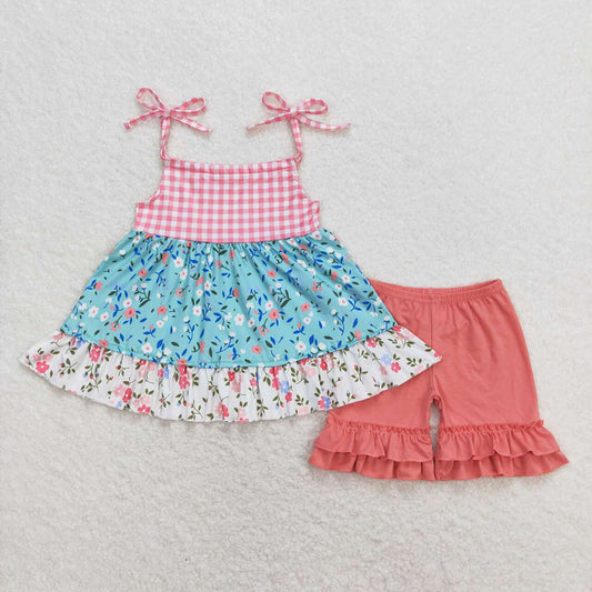 Baby Girls Pink Checkered Floral Halter Tunic Ruffle Shorts Clothes Sets