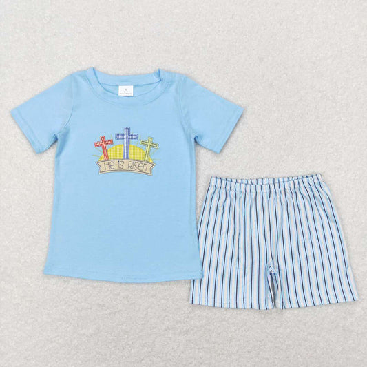 Baby Boys Easter He Is Risen Cross Short Sleeve Top Short Clothes Sets