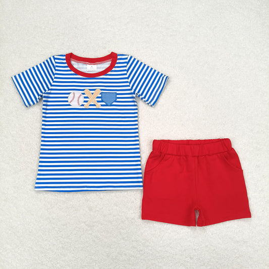 Baby Boys Blue Stripes Baseball Shirts Summer Shorts Clothes Sets