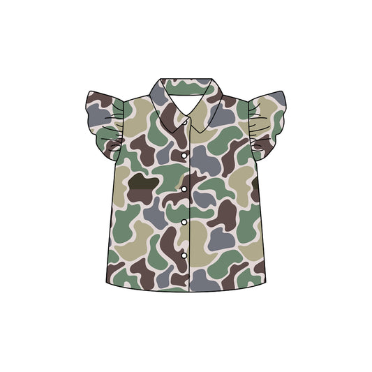 Preorder moq 5 Baby Girls Flutter Sleeves Green Brown Camo Button Shirts Top