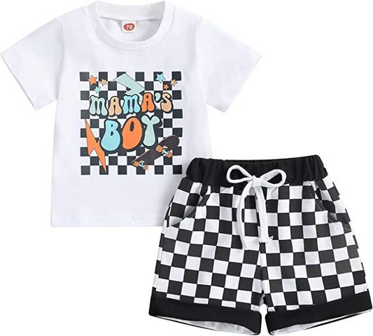 Baby Boys Mama's Boy Tee Shirts Black Checkered Shorts Clothes Sets preorder(moq 5)
