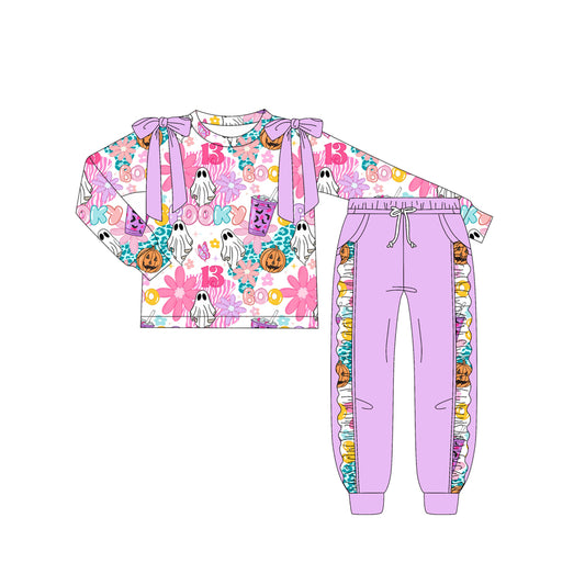 Preorder (moq 5)Baby Girls Long Sleeves Flowers Ghosts Top Pocket Leggings Pants Set
