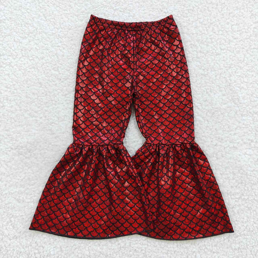 P0247 Baby Girls Red Mermaid Scale Holographic Spandex Bell Bottom Pants