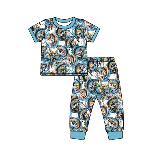 Baby Boys Fish Blue Shirt Pants Pajamas Clothes Sets preorder(moq 5)