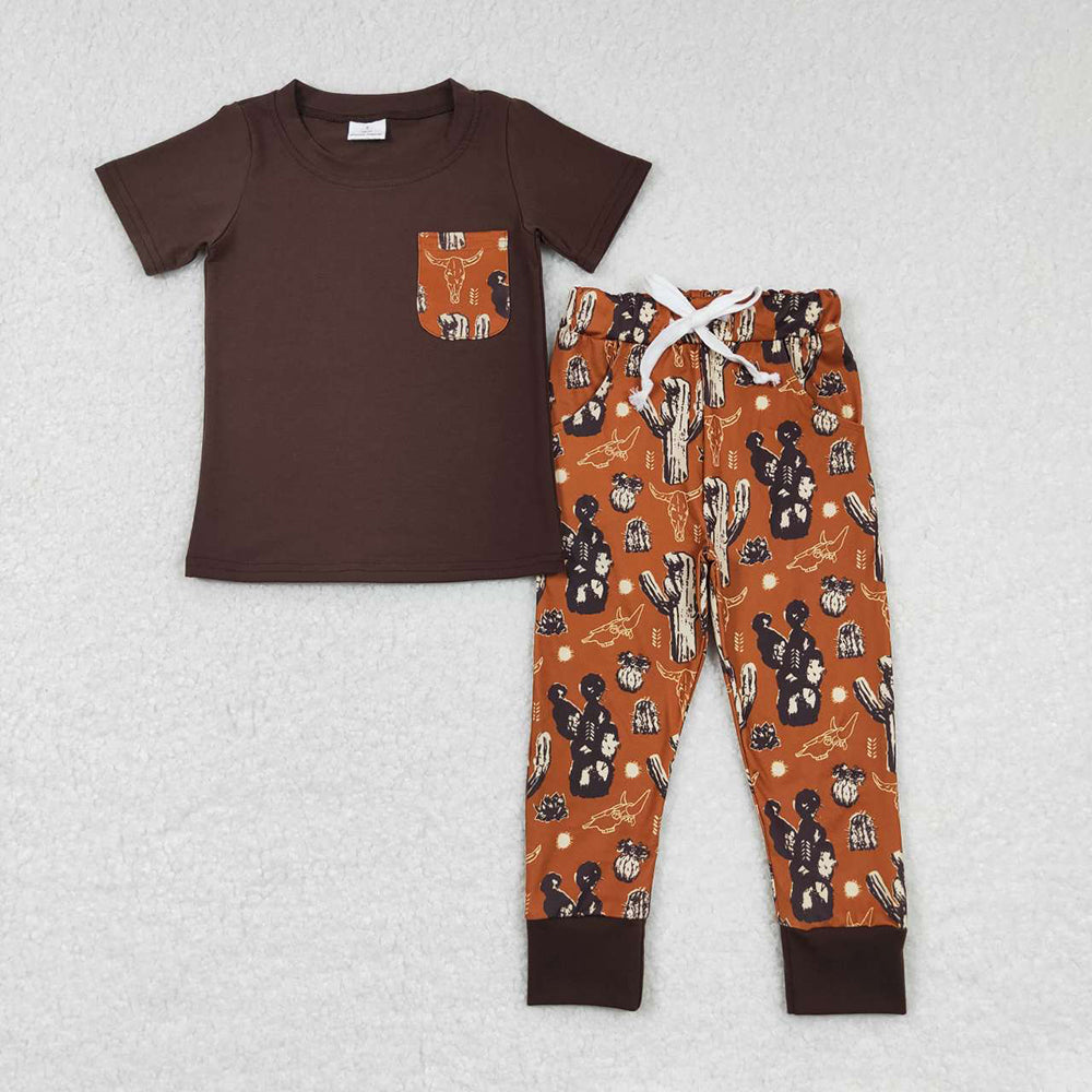 Western Baby Boys Short Sleeve Pocket Shirt Cactus Pants Clothes Sets