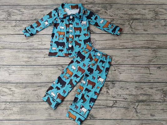 Baby Girls Kids Western Cows Buttons Top Pants Pajamas Sets Preorder(moq 5)