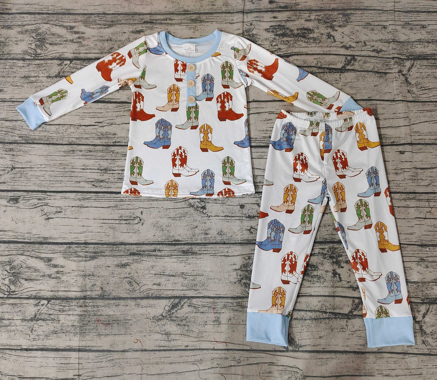 Baby Boys Toddler Western Blue Boots Top Pants Pajamas Clothes Sets