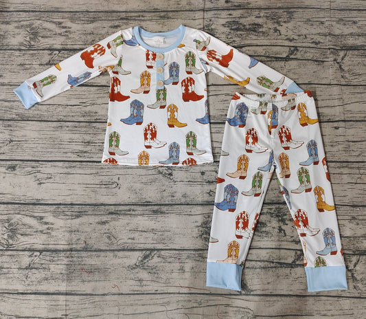Baby Boys Toddler Western Blue Boots Top Pants Pajamas Clothes Sets