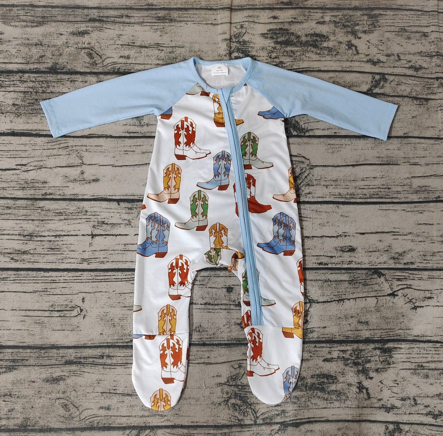 Baby Infant Boys Western Blue Boots Zip Sleepers Rompers