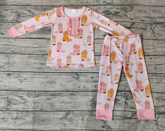 Baby Girls Toddler Western Pink Boots Top Pants Pajamas Clothes Sets