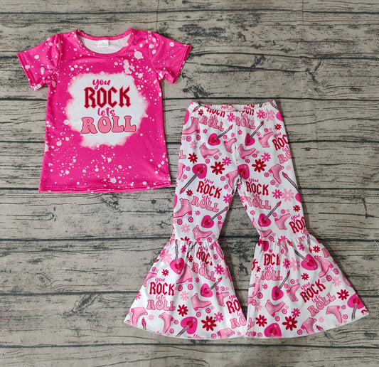 Baby Girls Rock Roll Tee Shirts Bell Bottom Pants Outfits Clothes Sets