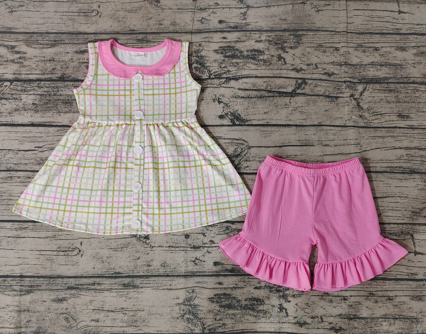 Baby Girls Easter Green Pink Checkered Tunic Ruffle Shorts Clothes Sets