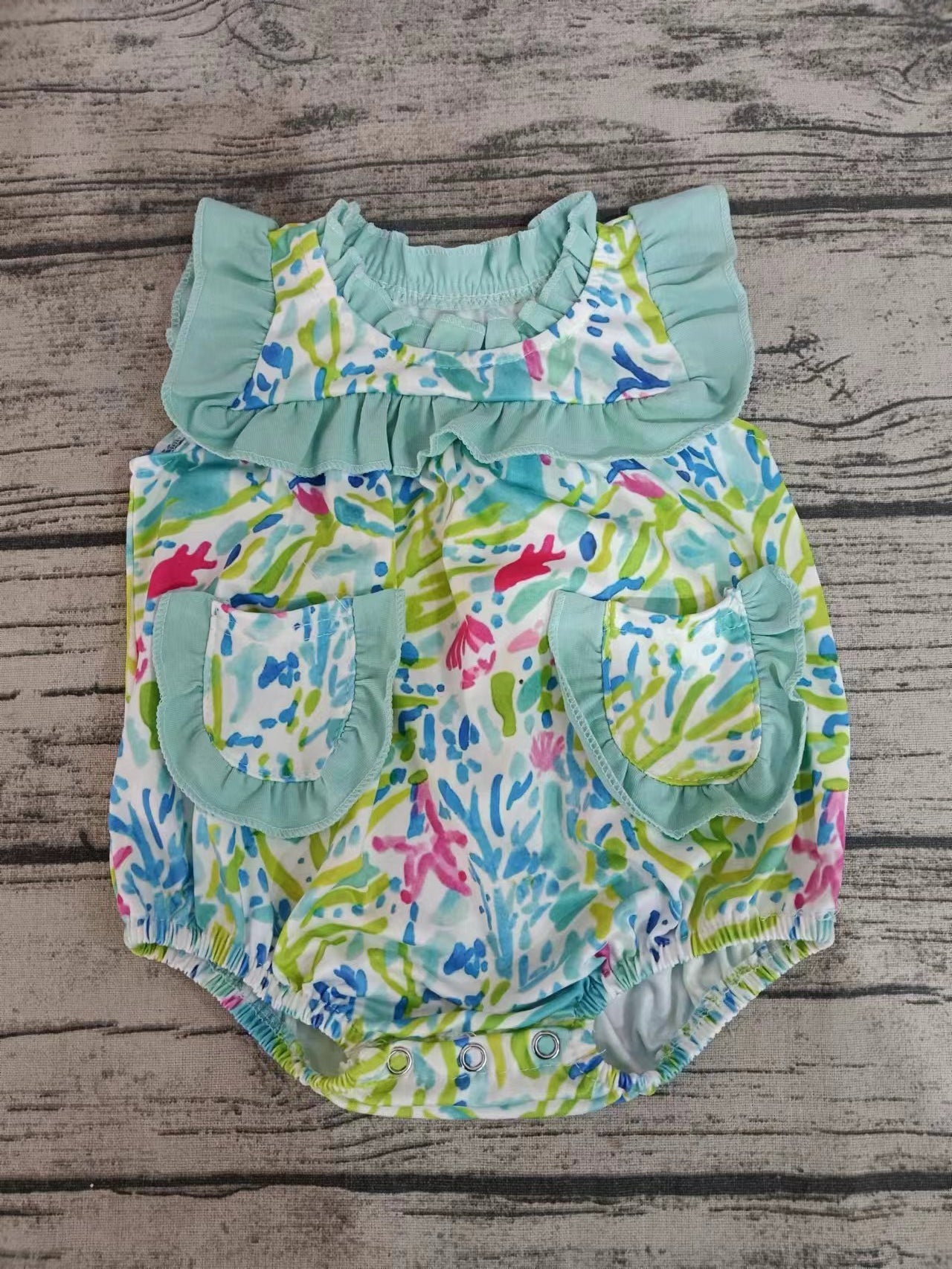 Baby Girls Green Flowers Pockets Ruffle Summer Rompers preorder(moq 5)