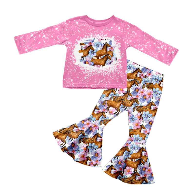 Baby Girls Horse Flowers Western 2pcs Bell Pants Clothing Sets preorder(moq 5)