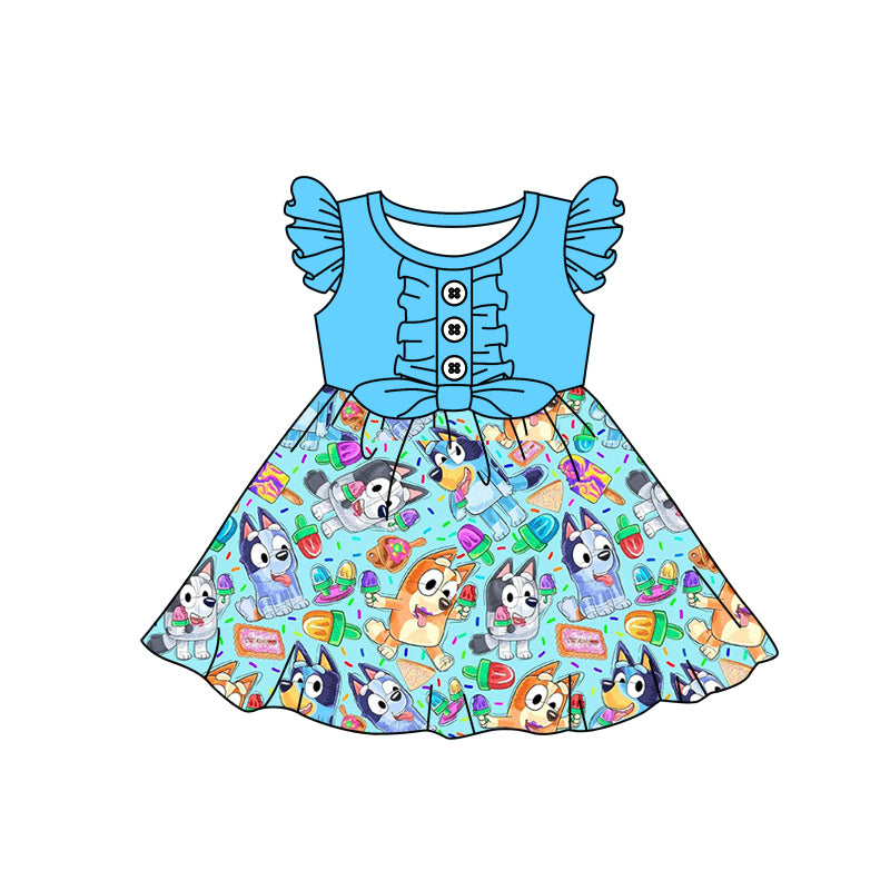 Baby Girls Flutter Sleeve Bow Cartoon Blue Dogs Knee Length Dresses preorder(moq 5)