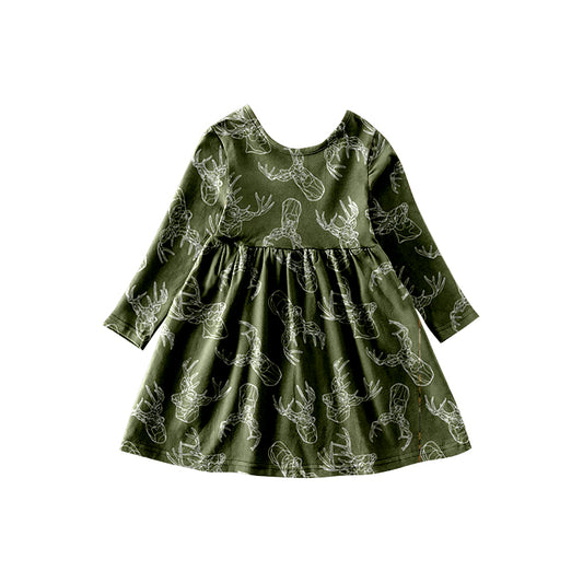 Baby Girls Fall Green Deer Long Sleeve Dresses preorder(moq 5)